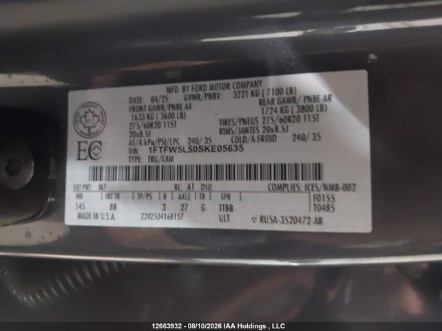 2025 Ford F150 Lariat მანქანა იყიდება აუქციონზე, vin: 1FTFW5L50SKE05635, აუქციონის ნომერი: 12663932