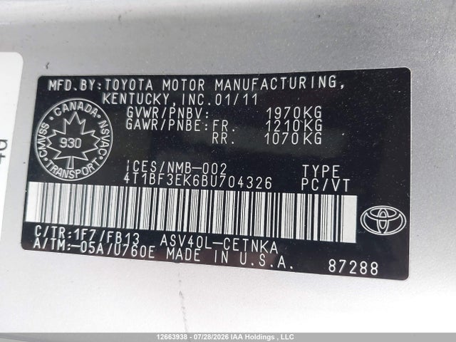 Продаж на аукціоні авто 2011 Toyota Camry Le, vin: 4T1BF3EK6BU704326, номер лоту: 12663938