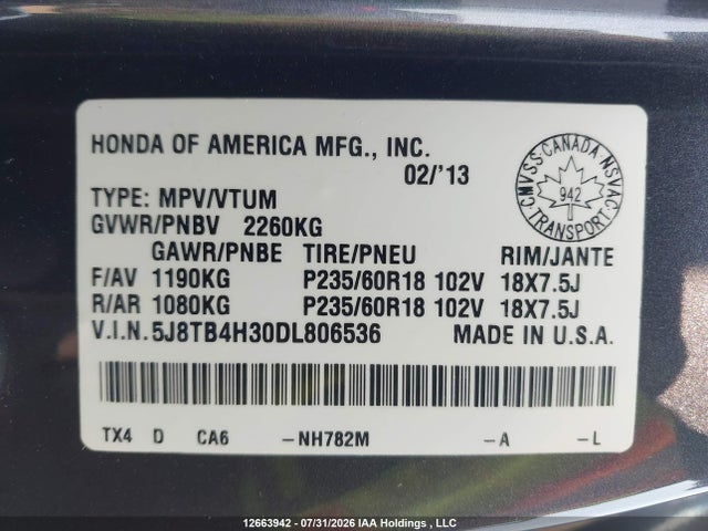 12663942 :رقم المزاد ، 5J8TB4H30DL806536 vin ، 2013 Acura Rdx مزاد بيع