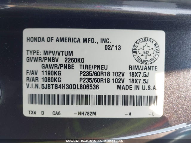 12663942 :رقم المزاد ، 5J8TB4H30DL806536 vin ، 2013 Acura Rdx مزاد بيع