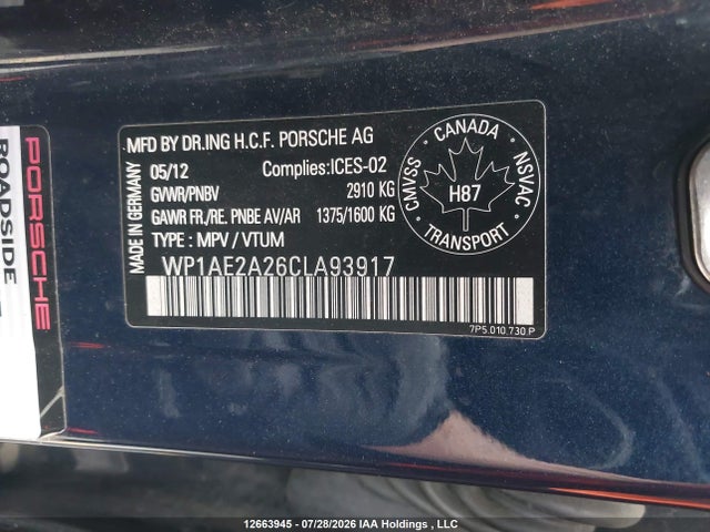 2012 Porsche Cayenne S მანქანა იყიდება აუქციონზე, vin: WP1AE2A26CLA93917, აუქციონის ნომერი: 12663945