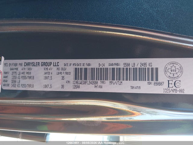12663951 :رقم المزاد ، 1C4BJWEG8FL542680 vin ، 2015 Jeep Wrangler Unlimited Sahara مزاد بيع