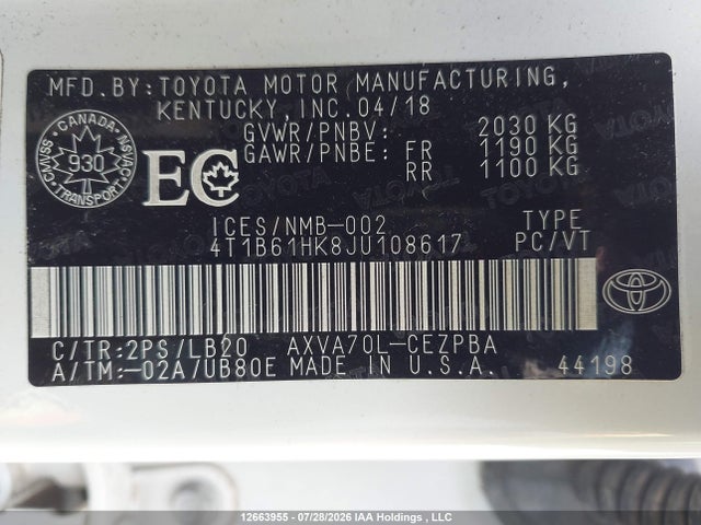 4T1B61HK8JU108617 Toyota CAMRY XSE