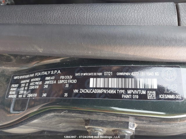 12663957 :رقم المزاد ، ZACNJCAB9MPN14964 vin ، 2021 Jeep Renegade Jeepster مزاد بيع
