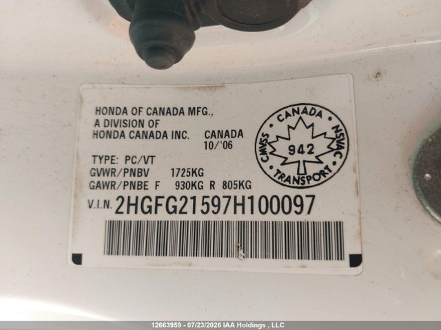 2007 Honda Civic Si Si მანქანა იყიდება აუქციონზე, vin: 2HGFG21597H100097, აუქციონის ნომერი: 12663959