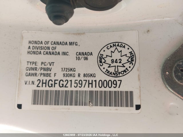 2007 Honda Civic Si Si მანქანა იყიდება აუქციონზე, vin: 2HGFG21597H100097, აუქციონის ნომერი: 12663959