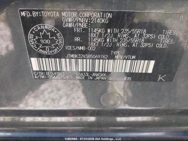 12663960 :رقم المزاد ، JTMBK32V385069762 vin ، 2008 Toyota Rav4 Sport مزاد بيع