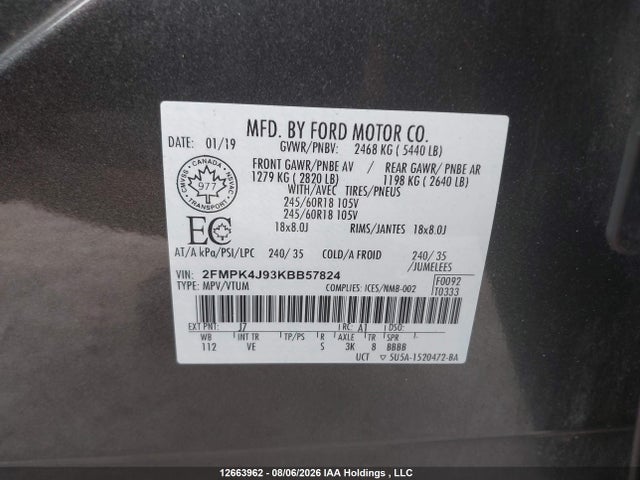Aukcja sprzedaży 2019 Ford Edge Sel, vin: 2FMPK4J93KBB57824, numer aukcji: 12663962