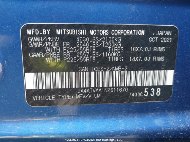 JA4ATVAA1NZ611670 Mitsubishi Eclipse Cross Gt/se/sel
