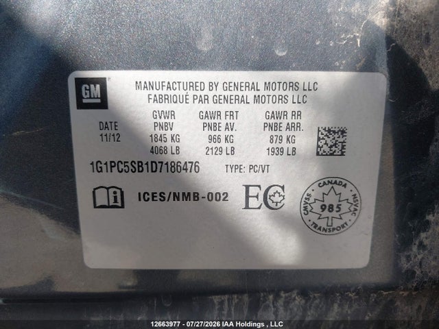2013 Chevrolet Cruze Lt მანქანა იყიდება აუქციონზე, vin: 1G1PC5SB1D7186476, აუქციონის ნომერი: 12663977
