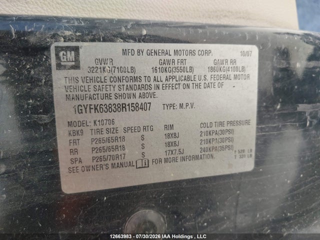 12663983 :رقم المزاد ، 1GYFK63838R158407 vin ، 2008 Cadillac Escalade Standard مزاد بيع