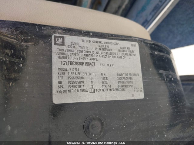 12663983 :رقم المزاد ، 1GYFK63838R158407 vin ، 2008 Cadillac Escalade Standard مزاد بيع