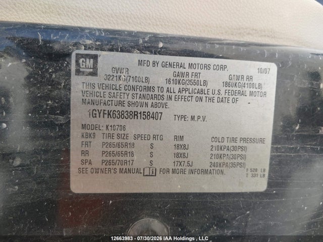 12663983 :رقم المزاد ، 1GYFK63838R158407 vin ، 2008 Cadillac Escalade Standard مزاد بيع