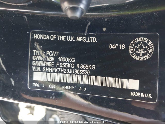 12663985 :رقم المزاد ، SHHFK7H23JU306520 vin ، 2018 Honda Civic مزاد بيع