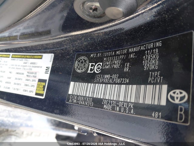 12663993 :رقم المزاد ، 5YFBPRBE6LP087334 vin ، 2020 Toyota Corolla Le مزاد بيع