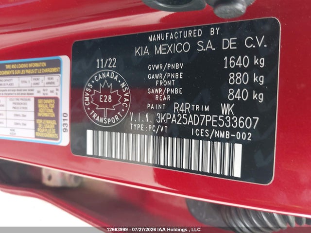 12663999 :رقم المزاد ، 3KPA25AD7PE533607 vin ، 2023 Kia Rio 5-door مزاد بيع
