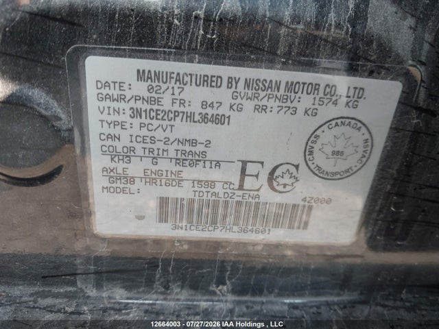 12664003 :رقم المزاد ، 3N1CE2CP7HL364601 vin ، 2017 Nissan Versa Note S/s Plus/sv/sl/sr مزاد بيع