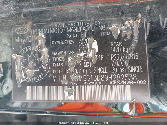 2009 Hyundai Santa Fe მანქანა იყიდება აუქციონზე, vin: 5NMSG13D89H282538, აუქციონის ნომერი: 12664007