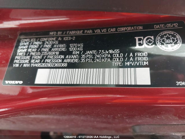 Продажа на аукционе авто 2013 Volvo Xc60, vin: YV4952DZ8D2369368, номер лота: 12664010