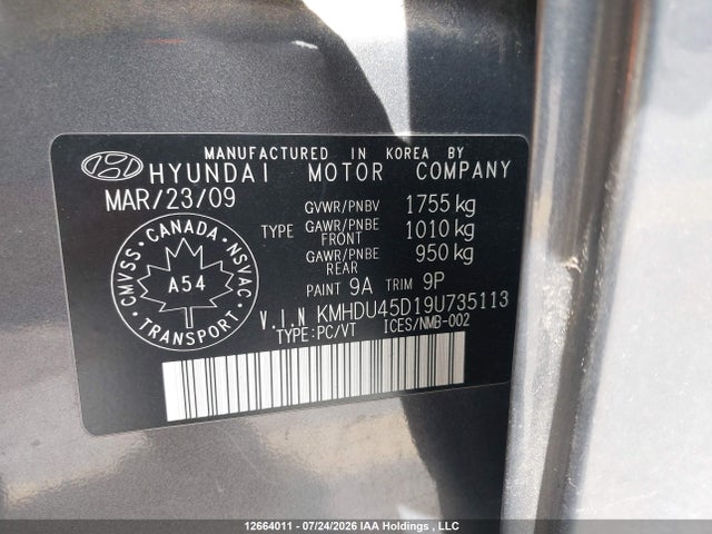 12664011 :رقم المزاد ، KMHDU45D19U735113 vin ، 2009 Hyundai Elantra Gl/l مزاد بيع