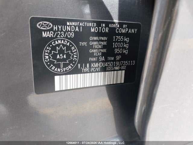 12664011 :رقم المزاد ، KMHDU45D19U735113 vin ، 2009 Hyundai Elantra Gl/l مزاد بيع