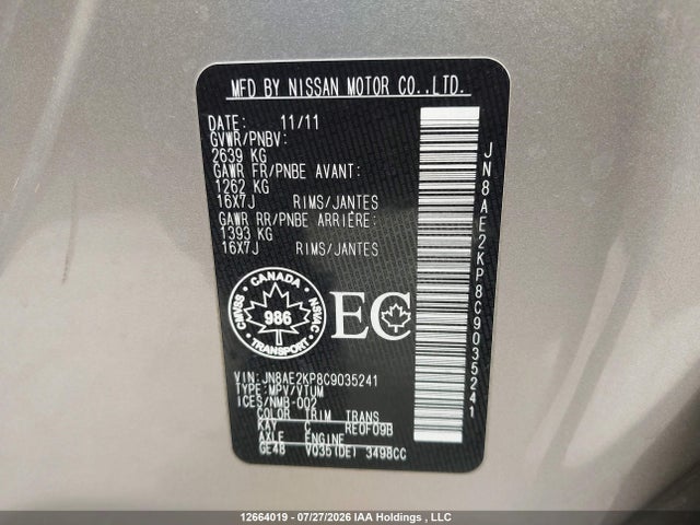 Aukcja sprzedaży 2012 Nissan Quest S/sv/sl/le, vin: JN8AE2KP8C9035241, numer aukcji: 12664019