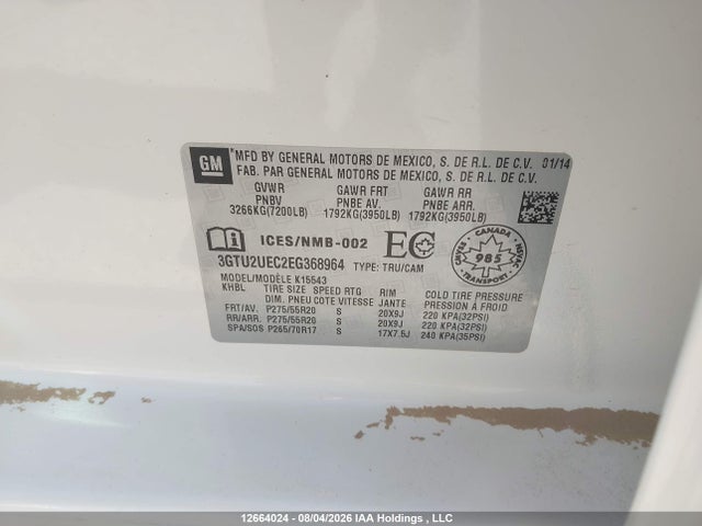 12664024 :رقم المزاد ، 3GTU2UEC2EG368964 vin ، 2014 Gmc Sierra K1500 Sle مزاد بيع