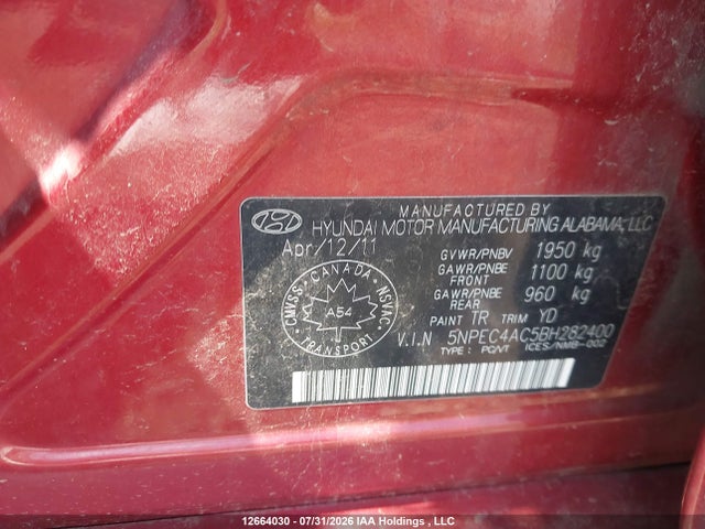 2011 Hyundai Sonata Se/limited მანქანა იყიდება აუქციონზე, vin: 5NPEC4AC5BH282400, აუქციონის ნომერი: 12664030