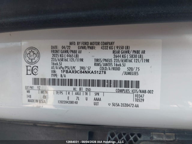 1FBAX9C84NKA51278 Ford Transit-350 Passenger Xlt