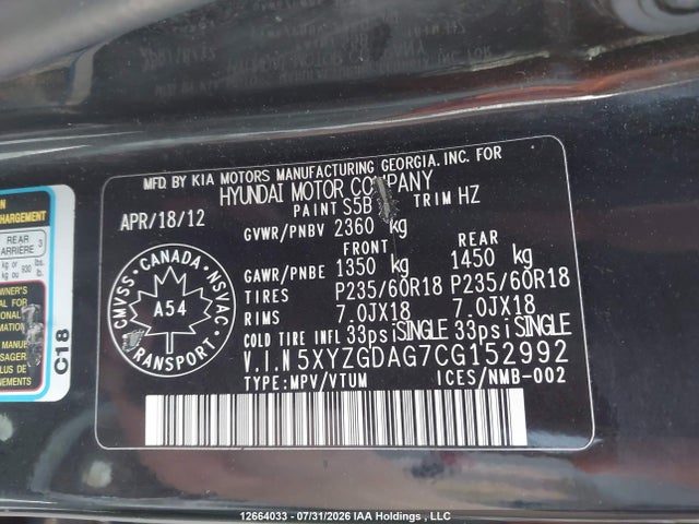 12664033 :رقم المزاد ، 5XYZGDAG7CG152992 vin ، 2012 Hyundai Santa Fe Gls مزاد بيع