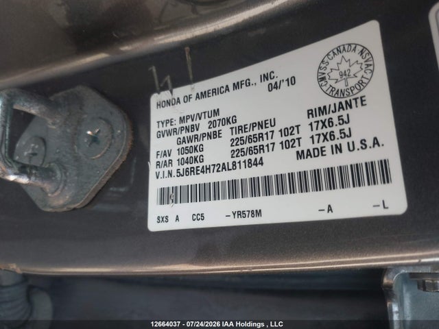 Aukcja sprzedaży 2010 Honda Cr-v Exl, vin: 5J6RE4H72AL811844, numer aukcji: 12664037