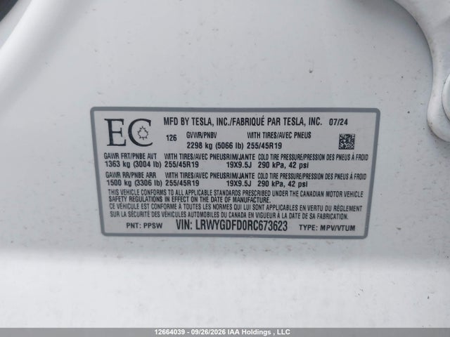 Auction sale of the 2024 Tesla Model Y Long Range/rwd, vin: LRWYGDFD0RC673623, lot number: 12664039