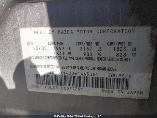 Продаж на аукціоні авто 2006 Mazda 3 Hatchback, vin: JM1BK143361445381, номер лоту: 12664040