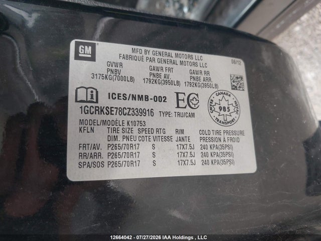 Продаж на аукціоні авто 2012 Chevrolet Silverado 1500 Lt, vin: 1GCRKSE78CZ339916, номер лоту: 12664042