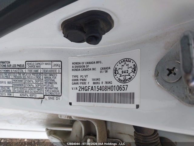 Продажа на аукционе авто 2008 Honda Civic Dx-g, vin: 2HGFA15408H010657, номер лота: 12664044