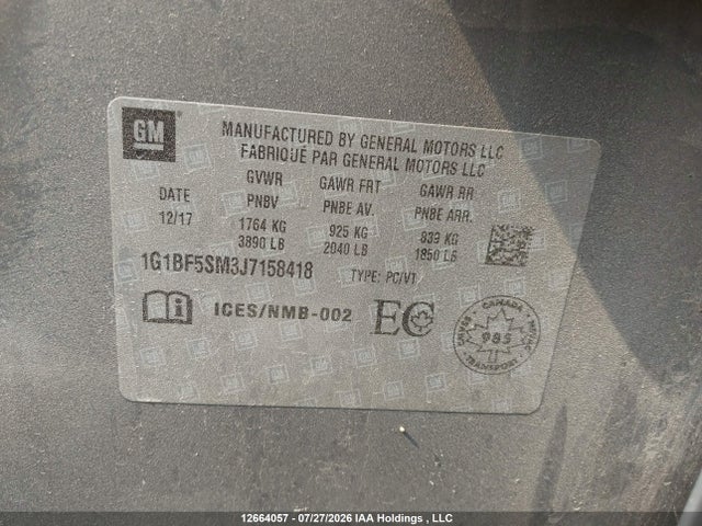 Aukcja sprzedaży 2018 Chevrolet Cruze Premier Auto, vin: 1G1BF5SM3J7158418, numer aukcji: 12664057
