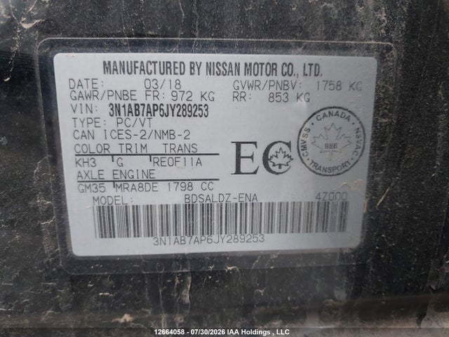 2018 Nissan Sentra 1.8 S/1.8 Sv/1.8 Sv Midnight Edition მანქანა იყიდება აუქციონზე, vin: 3N1AB7AP6JY289253, აუქციონის ნომერი: 12664058