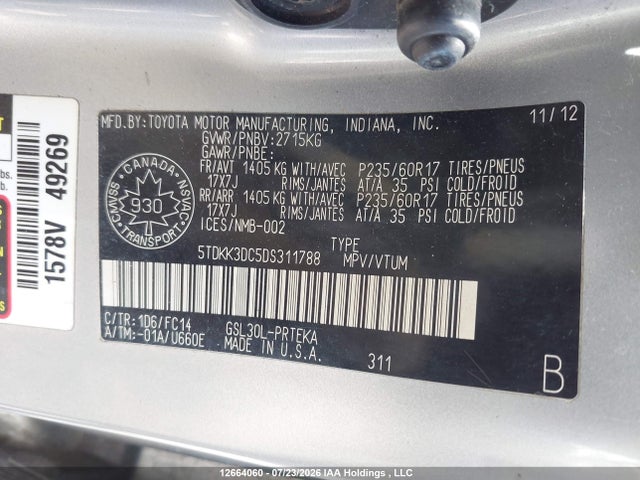 2013 Toyota Sienna მანქანა იყიდება აუქციონზე, vin: 5TDKK3DC5DS311788, აუქციონის ნომერი: 12664060