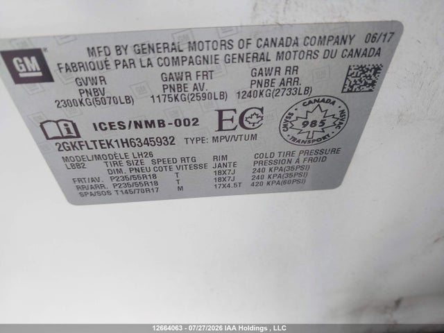 12664063 :رقم المزاد ، 2GKFLTEK1H6345932 vin ، 2017 Gmc Terrain Sle مزاد بيع