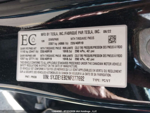 Auction sale of the 2022 Tesla Model 3, vin: 5YJ3E1EB2NF277692, lot number: 12664068