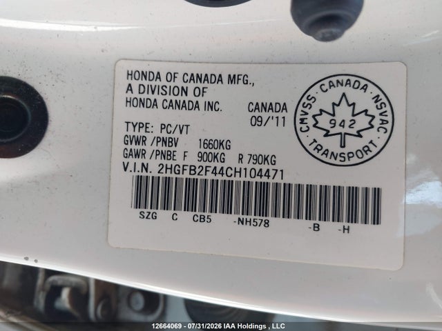 Aukcja sprzedaży 2012 Honda Civic Lx, vin: 2HGFB2F44CH104471, numer aukcji: 12664069