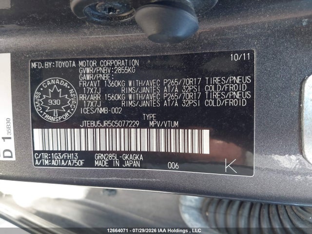 Продажа на аукционе авто 2012 Toyota 4runner Sr5 V6, vin: JTEBU5JR5C5077229, номер лота: 12664071