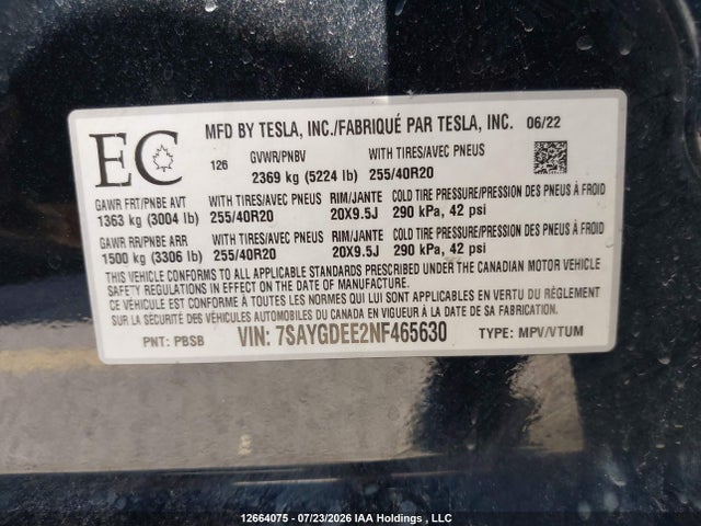 Auction sale of the 2022 Tesla Model Y, vin: 7SAYGDEE2NF465630, lot number: 12664075