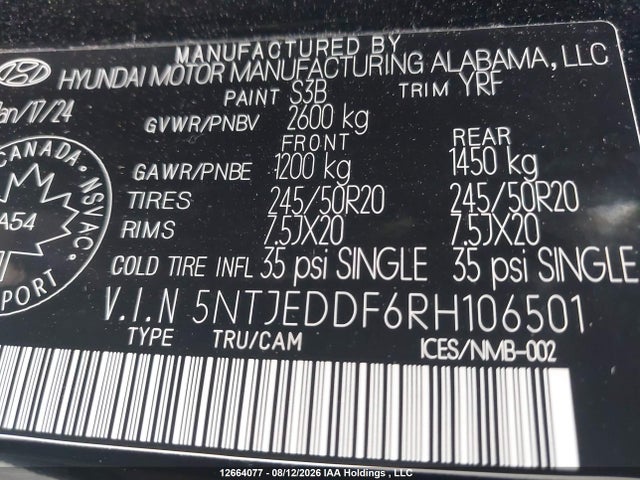 12664077 :رقم المزاد ، 5NTJEDDF6RH106501 vin ، 2024 Hyundai Santa Cruz Limited مزاد بيع