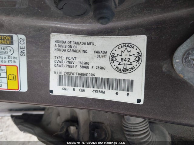 2011 Honda Civic Dx-g მანქანა იყიდება აუქციონზე, vin: 2HGFA1F46BH010507, აუქციონის ნომერი: 12664079