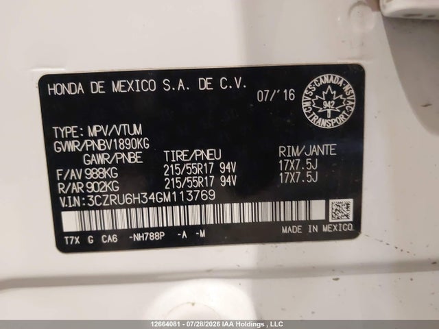 Aukcja sprzedaży 2016 Honda Hr-v Lx, vin: 3CZRU6H34GM113769, numer aukcji: 12664081