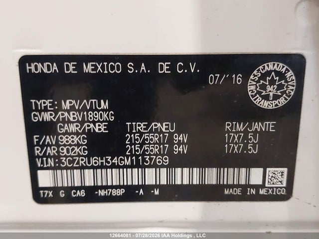 Aukcja sprzedaży 2016 Honda Hr-v Lx, vin: 3CZRU6H34GM113769, numer aukcji: 12664081