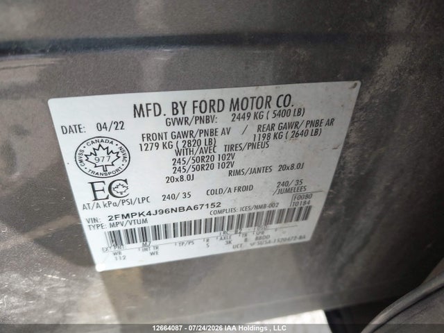 Aukcja sprzedaży 2022 Ford Edge St Line, vin: 2FMPK4J96NBA67152, numer aukcji: 12664087