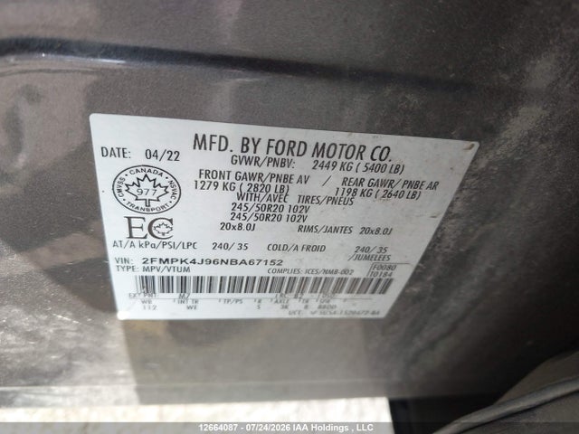 Aukcja sprzedaży 2022 Ford Edge St Line, vin: 2FMPK4J96NBA67152, numer aukcji: 12664087