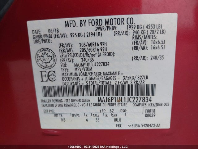 12664092 :رقم المزاد ، MAJ6P1UL1JC227834 vin ، 2018 Ford Ecosport Se مزاد بيع